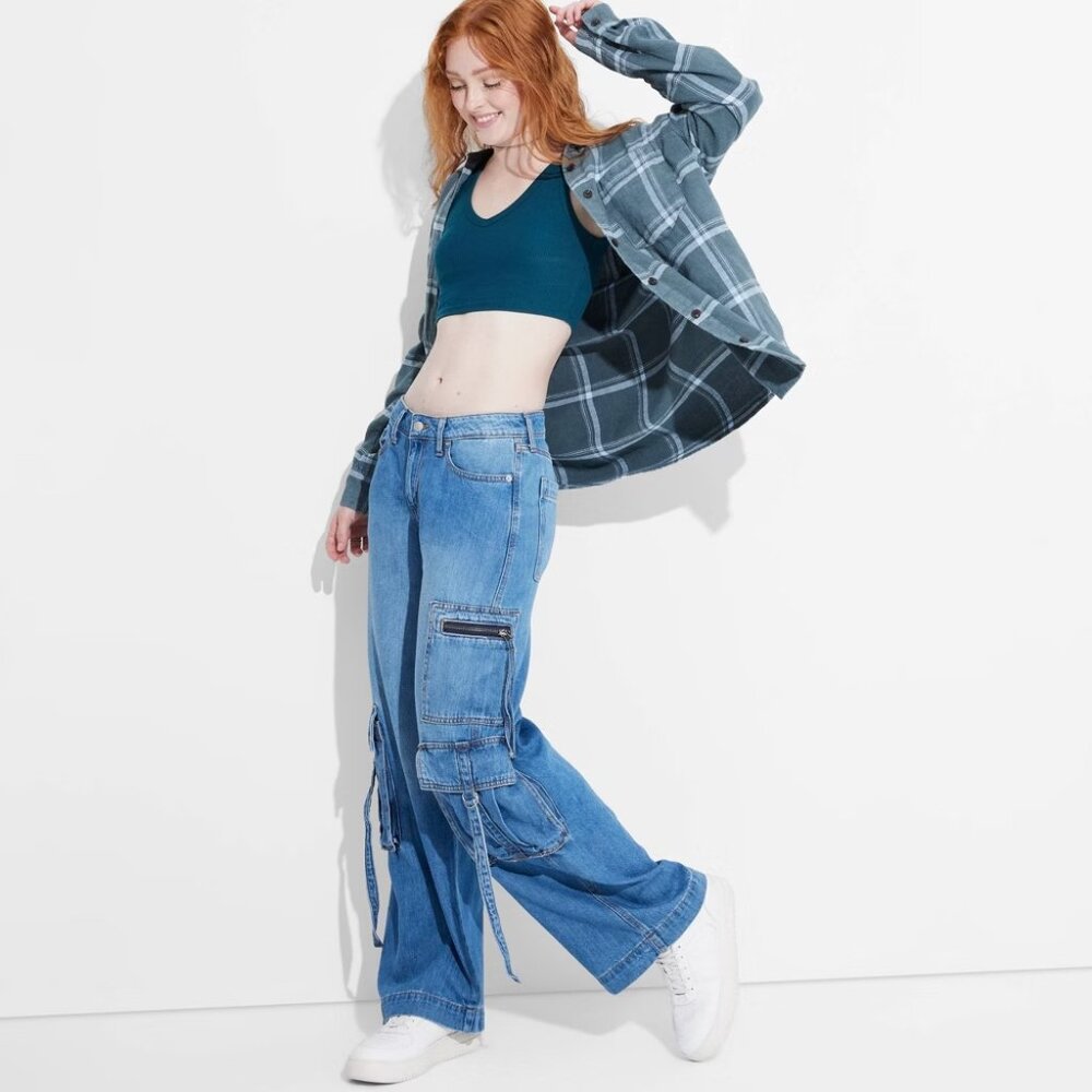 NEW Women's Mid-Rise Wide Leg Cargo Baggy Pants - Wild Fable™ Medium Wash Blue
